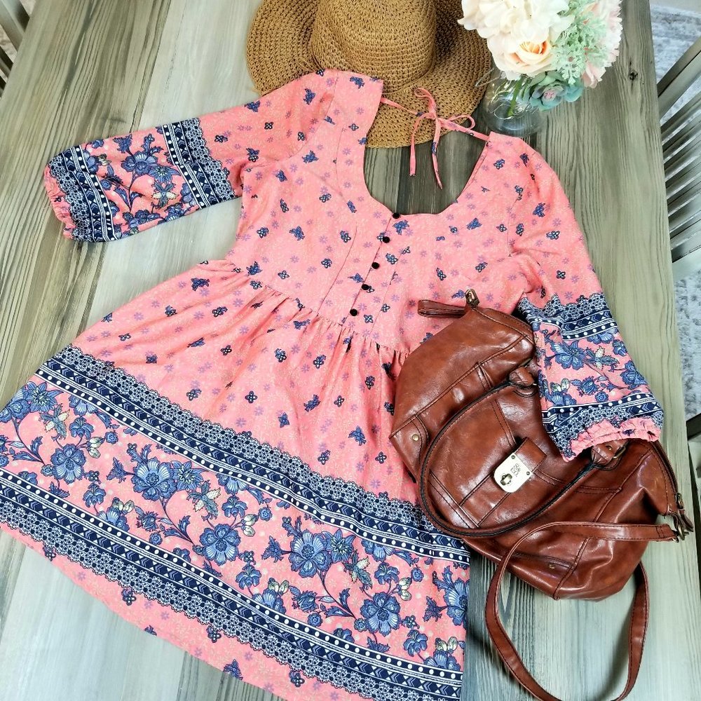 American Rag Boho Print Pink Blue Dress Size M